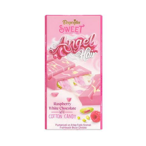 Šokoladas Angel Hair 170g baltasis su cukraus vata, pistacijų kremu ir avietėmis
