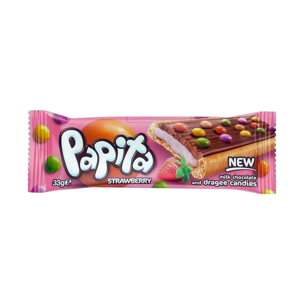 Papita "Braškė", šokoladinis batonėlis su draže, 33g